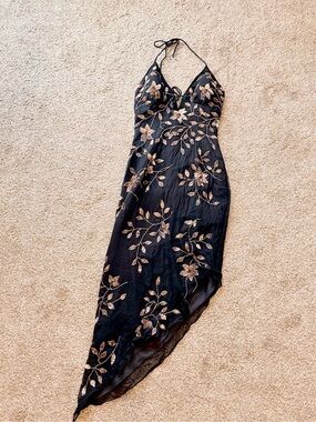 Vintage Y2K CACHE Black Floral Embroidered Halter Slip Dress
